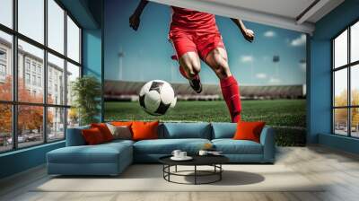 An action image of a soccer player kicking a soccer ball in the stadium with the aim to score a goal, The football player is ambitious to score the goal and escape from competitors, The ball in air Wall mural