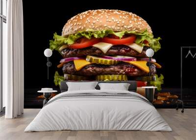 overloaded fresh tasty delicious burger with beef patty, lettuce, onions, tomatoes and cucumbers, big fresh hamburger with extra filling on wooden table isolated on dark background with copy space Wall mural