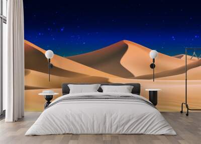 3d realistic background of sand dunes in the night. Desert landscape with dark blue sky. Wall mural