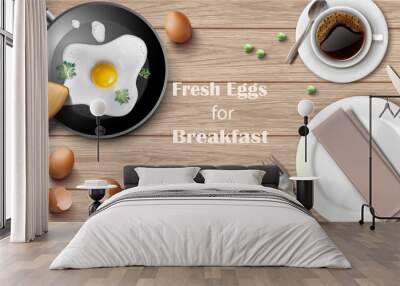 3d realistic nutritious concept  background. Healthy breakfast wooden table setting. Plate with fork and knife and sunny-side up eggs on the pan with fresh coffee. Wall mural