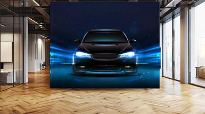 3d realistic vector background. Racing car in the night with street lights. Wall mural