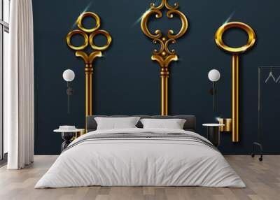 3d realistic vector collection of golden old vintage keys. Wall mural