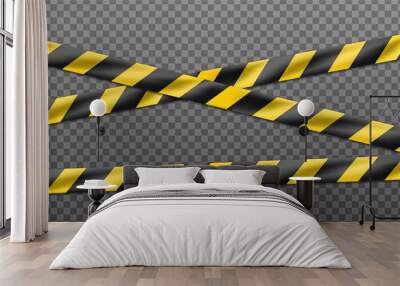 3d realistic vector hazard black and yellow striped ribbon, caution tape of warning signs for crime scene or construction area.  Isolated on transparent. Wall mural