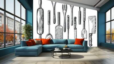 Big vector hand drawn collection of kitchen utensils, isolated on write background, design template for your flyers, banners or restaurant menu. Wall mural