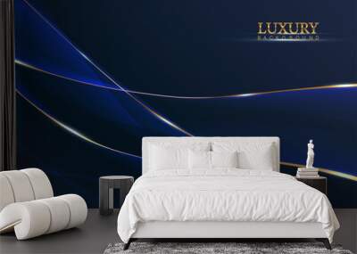 Blue soft wavy luxury background with golden lines. Wall mural