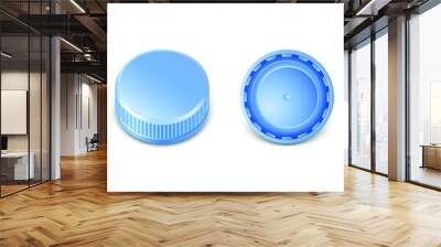 collection of blue plastic bottle caps in side, top and bottom view.  Mockup with pet screw lids for water, beer, cider of soda. Isolated icon illustration.  Wall mural