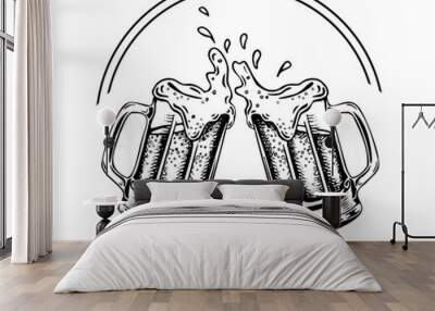 Hand drawn beer mugs with foam splashing. Wall mural