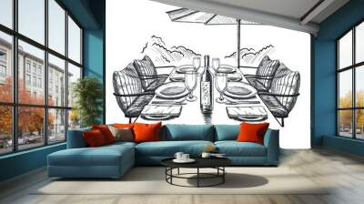 Vector illustration of hand drawn dinner table in the outdoor cafe with set of dishes and wine under umbrella. Wall mural