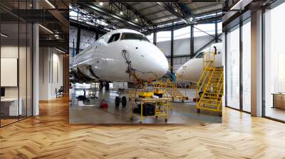 Aircraft is in the hangar for technical repair and maintenance. Aircraft diagnostics, storage, service. Plane. Ladders for mechanics Wall mural