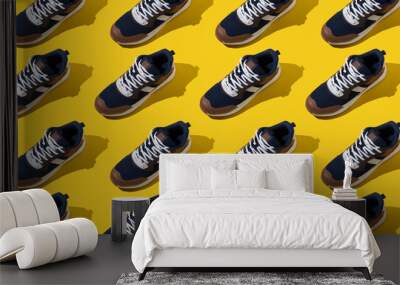 Sneaker shoe pattern on yellow background. Sport footwear. Wall mural