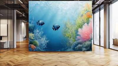 Two Black and White Striped Fish Swimming Past Colorful Coral Reefs Wall mural