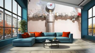 Metal water pipes, water supply in house with filter, manomether, faucets and distribution fittings Wall mural