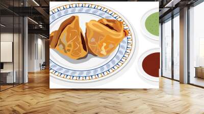 Favorite Indian snack - Samosa served on plate with chutney Wall mural