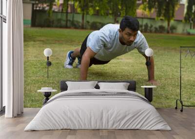 Young guy doing push ups in a park Wall mural