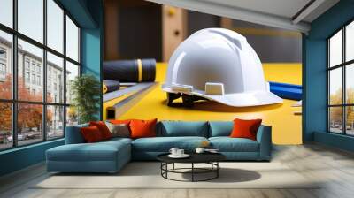 Construction white helmet without a person, on a metal yellow table against the background of an interior wall under construction Wall mural