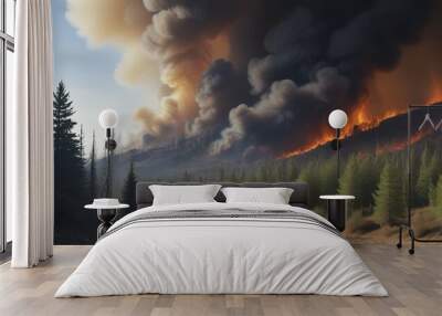 Fire in hot weather in the forest on the mountain Wall mural