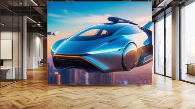 Flying electric car with closed gray wheels in the sky above the city in the evening Wall mural