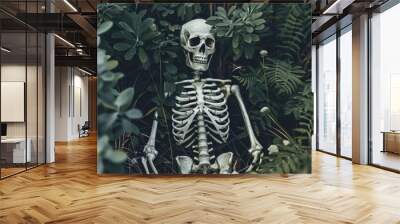  a human skeleton in flower, a surreal juxtaposition of life and death Wall mural