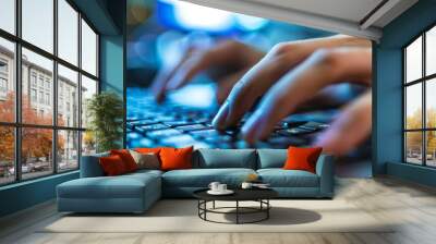 A close-up of a person typing quickly on a keyboard, with motion blur highlighting the fast finger movements. Wall mural