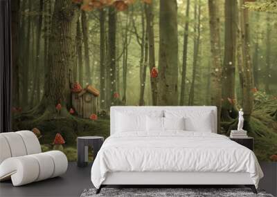 a forest, with hand-drawn whimsical woodland creatures like fairies and gnomes hiding among the trees Wall mural