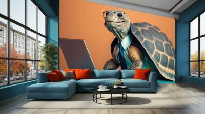 a happy turtle in a business suit with a laptop created with Generative AI technology Wall mural