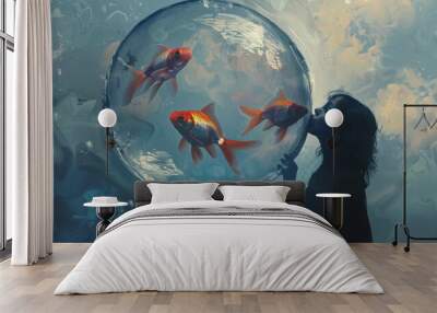 A person is blowing up a large bubble gum balloon, with three goldfish swimming inside the bubble gum balloon. Creating new world. Wall mural