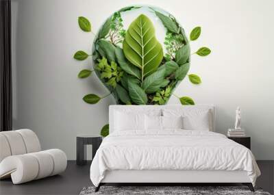 Eco friendly lightbulb from fresh leaves top vie, concept of Renewable Energy and Sustainable Living, created with Generative AI technology Wall mural