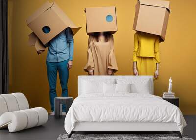 Group studio portrait of people with cardboard boxes instead of head, created with Generative AI technology Wall mural