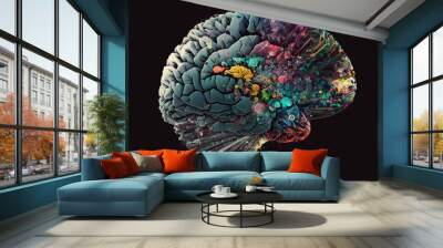 Human brain made from social media style photos, concept of Networked Thinking and Interconnectedness, created with Generative AI technology Wall mural