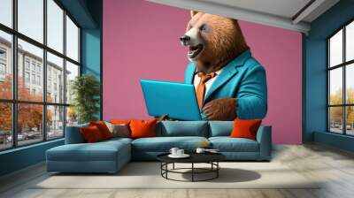 portrait of a happy bear in a business suit with a laptop created with Generative AI technology Wall mural