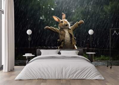 Rabbit dancing in the rain Wall mural