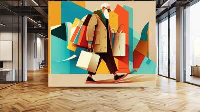 Senior man shopping on bright background, created with Generative AI technology Wall mural