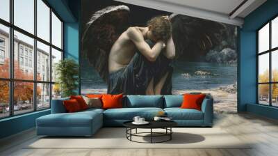 Sorrowful Seraphs. Fallen angel crying feeling pain for people. Wall mural