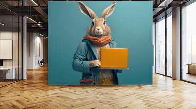 Studio photo portrait of a happy hare in hipster clothes working in laptop, concept of Hipster look and Animal photography, created with Generative AI technology Wall mural