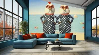 two chickens in beach outfits on the beach Wall mural