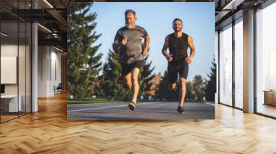 The father and a son running on the park road Wall mural