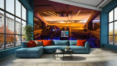 The man drive on the night highway. Inside view. Wide angle Wall mural