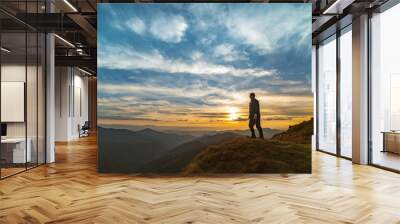 The man standing on the rock with a picturesque sunset Wall mural