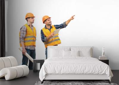 The two engineers with a tablet gesture on the white background Wall mural