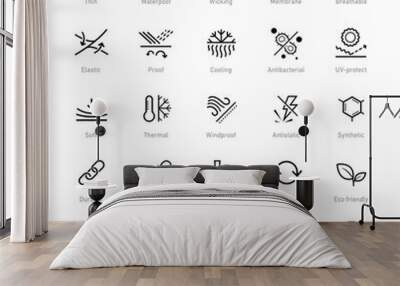 Set icons for functional fabric, clothing. The outline icons are well scalable and editable. Contrasting vector elements are good for different backgrounds. EPS10. Wall mural