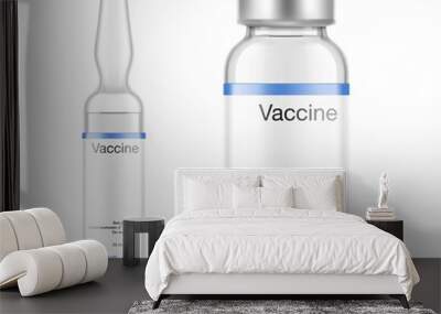 Transparent glass ampule and bottle for vaccine injections mockup. Vector illustration isolated on white background. Can be use for medicine, cosmetic and other. Ready for your design. EPS10.	 Wall mural