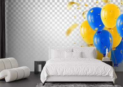 Bunch of blue and yellow helium balloons on transparent background with falling confetti and blank copy space at left. Web banner or greeting card design template. Realistic 3D vector illustration Wall mural