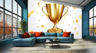 Golden trophy cup or champion cup with a blank gold plate for your text and falling shiny golden confetti. Realistic 3D vector illustration Wall mural