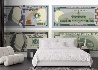 Hundred dollar bills in new and old design from both sides. 100 US dollars banknote, from front and reverse side. Vector illustration of USD isolated on a white background Wall mural