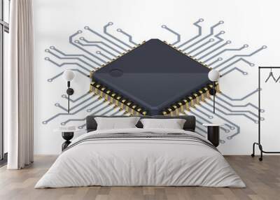 Processor or electronic chip on circuit board with conductive tracks and soft realistic shadow. Isometric vector illustration Wall mural