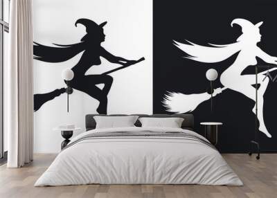 Silhouette of a sexy witch who flies on a broomstick, halloween illustration. Vector icon on black and white background Wall mural