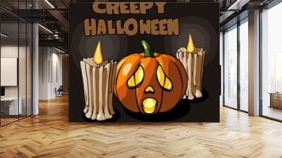 Spooky Halloween pumpkin head with two burning candles and the text Creepy Halloween on a dark night background. Template for poster, banner or greeting card. Vector illustration Wall mural