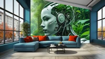 A digital art piece showcasing a cyborg merging with nature, half-human, half-machine, surrounded by lush greenery and futuristic tech Wall mural