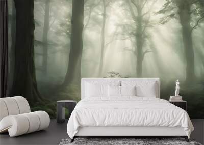 Ethereal Mist: Flowing, wispy mist in a mystical, forest setting, with soft light filtering through trees and creating a serene, otherworldly atmosphere. Wall mural