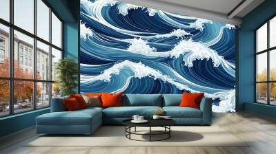 Ocean Waves: Rolling ocean waves captured in a flowing, abstract style, with deep blues and foamy whites blending seamlessly. Wall mural